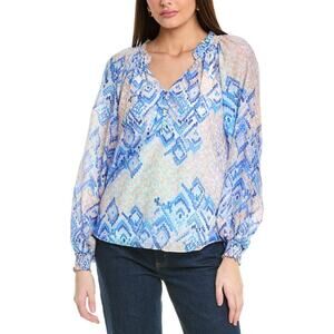Hale Bob Silk Cotton Blend Lyla Blouse Size S Blue Boho Long Sleeve Button Front